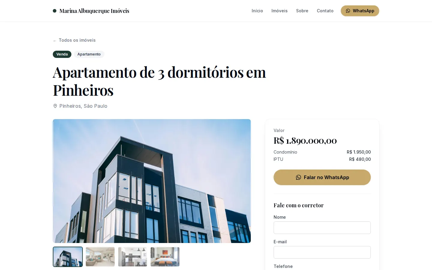 Página de um imóvel com galeria, valores e botão de WhatsApp